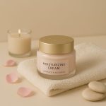 Laumea moisturizing cream in a glass jar for a simple daily skincare routine.